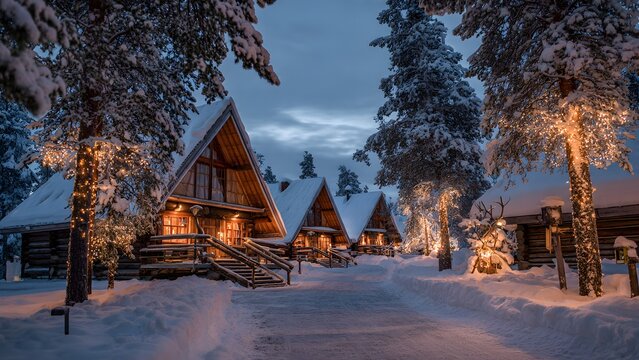 Charming log cabin village illuminated by warm string lights during blue hour winter night. Cozy wooden A-frame accommodation in snowy Lapland resort setting, perfect for winter holidays.