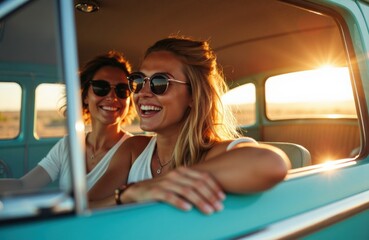 Women driving a vintage car at sunset smiling and enjoying warm golden light