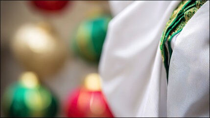 Closeup of ornate fabric with festive ornaments in the background