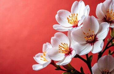 Obraz premium White plumeria blossoms bloom against red backdrop, radiating tropical freshness