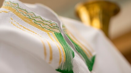 Detailed view of embroidered fabric with gold and green accents