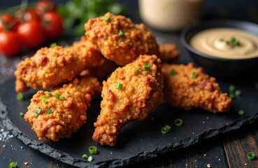 Fototapeta premium Crispy fried chicken bites on a dark slate with creamy dipping sauce and crunch