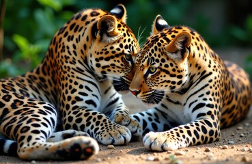 Obraz premium Two leopards nuzzling on sunlit ground with alert gazes under dappled light