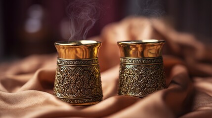 Two ornate gold incense burners emitting fragrant smoke