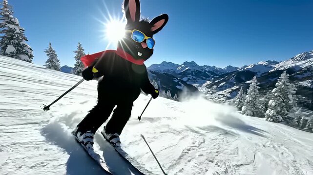 Bunny clad skier zooms down snowy slope on sunny day, conveying playful and carefree spirit as mountainous landscape stretches out in background, perfect for marketing campaigns or editorial.