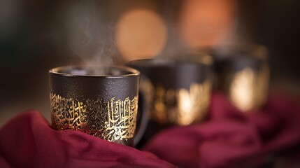 Three ornate arabic coffee cups with steam rising, set on a red cloth