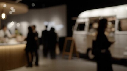 Diverse group of people gathered around a modern white food truck at an indoor event with soft ambient lighting highlighting a contemporary architectural interior with sleek design elements