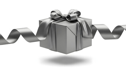 Gift box with silver ribbon on white background