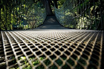 A a narrow rope suspension bridge stretching through a dense, sunlit forest canopy.