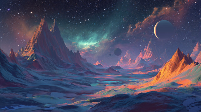 Explore a stunning alien landscape with vibrant colors and distant planets under a starry sky, perfect for science fiction book covers and inspiring digital art - Powered by Adobe