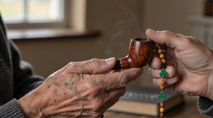 Elderly caucasian hands holding wooden pipe and rosary with shamrock charms