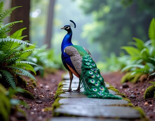Majestic Peacock Strolling Through Lush Green Forest Path.