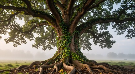 Majestic oak tree with ivy on misty morning in lush field