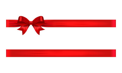 Red ribbon with bow on left and lower strip, glossy vector element for invitations, scrapbooking, gift layouts and festive holiday design