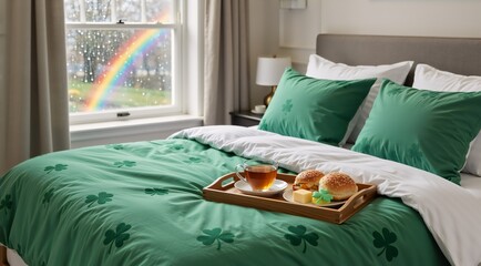 Cozy bedroom setting with green shamrock bedding and breakfast tray, rainbow outside