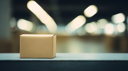 A small cardboard box is placed on a surface in a warehouse