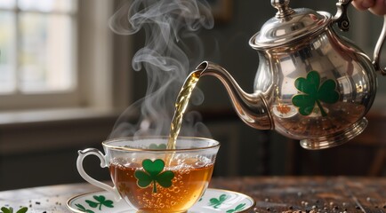 Steaming herbal tea pour from silver teapot into shamrock-adorned teacup on wooden table