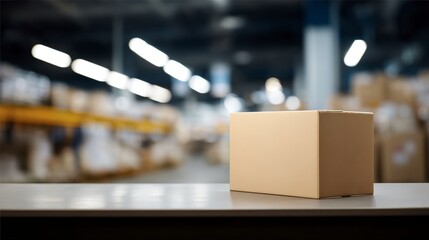 A cardboard box sits on a table in a vast warehouse with many shelves