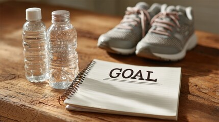 2026 fitness goal journal with workout plan, clean lifestyle setup, water bottle, running shoes, fresh morning energy,