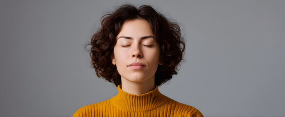 Closed eyes person floats on calm deep breathing exercises like a serene ocean breeze.