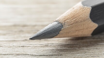 Closeup of a sharp black pencil tip on a weathered wooden background