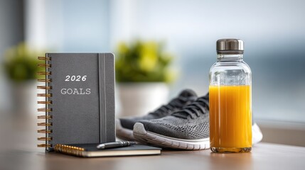 2026 fitness goal journal with workout plan, clean lifestyle setup, water bottle, running shoes, fresh morning energy,
