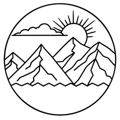 Minimalist Mountain Landscape with Rising Sun and Cloud.