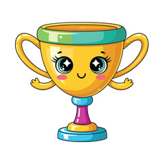 Adorable Cartoon Trophy with Kawaii Face and Sparkling Eyes.