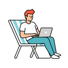 Man Sitting On Lounge Chair Working On Laptop Outdoors In Summer With Blue Striped Chair Teal Pants And White T Shirt