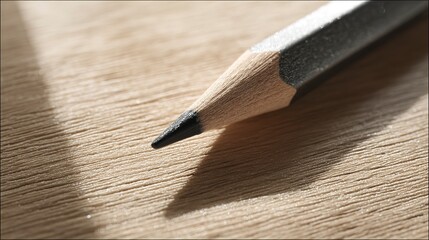A sharp black pencil point casts a shadow on a light wood grain surface
