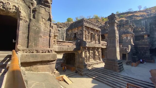ELLORA INDIA FEBRUARY 26th 2020 The vast monolithic Kailasa Temple, Cave 16. A Hindu temple dedicated to Shiva is seen at the Ellora Caves. A UNESCO World Heritage Site in Maharashtra, India.
