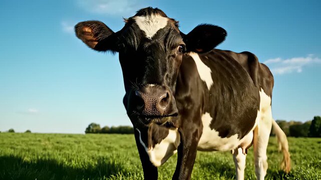 Serene cow stands contemplatively in lush green field, directly addressing viewer with unblinking gaze, embodying innocence and simplicity, reminiscent of bygone era where lifes complexities.