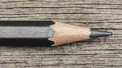 A sharpened black pencil rests on a textured wooden surface