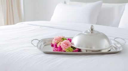 A silver cloche and pink flowers are arranged on a tray on a hotel bed