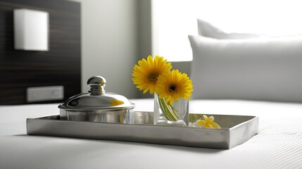 A silver tray with yellow gerbera daisies in a glass vase sits on a hotel bed