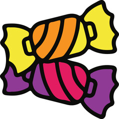 Whimsical candy assortment with colorful elements and text