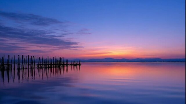 Still water reflects colorful sky at sunset with a line of posts extending into the lake backed by distant mountains