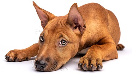 A cute brown puppy lying down isolated on white background