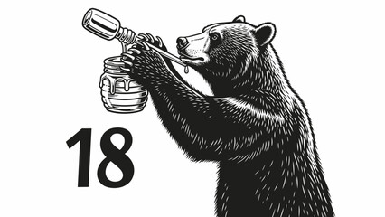 Vintage bear enjoying sweet honey with dipper and the number 18 for a unique design or logo element