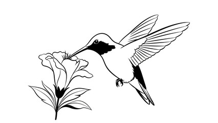 Elegant hummingbird sipping nectar from a beautiful flower in a serene black and white design © Sudarshi
