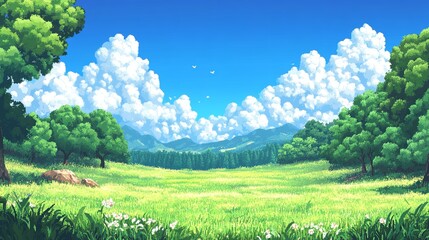 Bright Summer Meadow Landscape in Vibrant Pixel Art Style