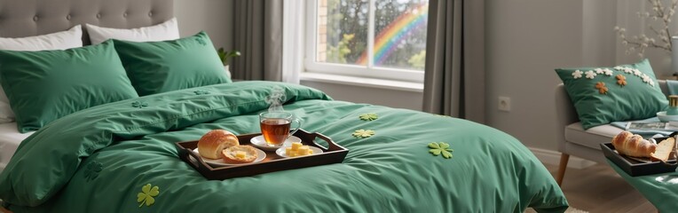 Cozy green bedroom with rainbow view and breakfast tray on bed