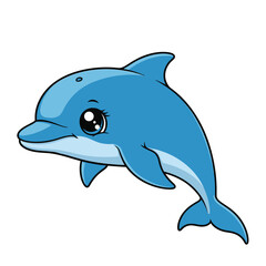 Adorable Cartoon Dolphin with Big Eyes Swimming Happily.