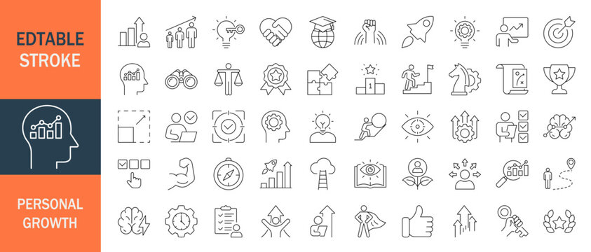 Personal growth icon set.  Editable line icons. Vector illustration.