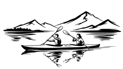 Friends paddling kayak in mountain lake