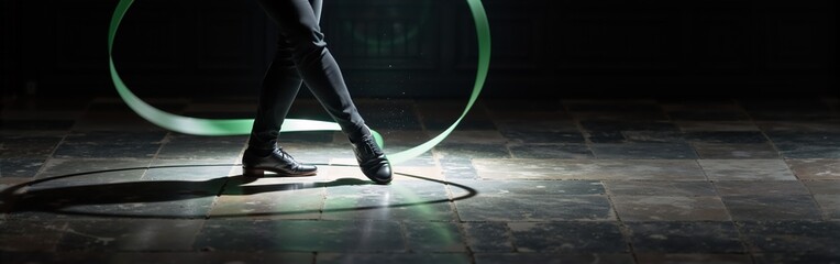 Elegant dance movement: caucasian male adult performing with green ribbon