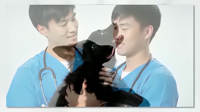 A male veterinarian cradles an adorable black puppy in his arms, conveying tenderness and nurturing as he embodies gentle care and compassion, evoking trust, affection, and warmth while.