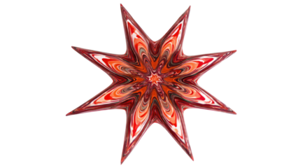 An intricate eight-pointed star features a vibrant, swirling marbling pattern in shades of red, orange, and white, creating a dynamic abstract design. background removed