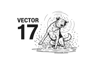 Playful dog splashes in a puddle, bringing joy and lightheartedness to any design project with a hand-drawn feel