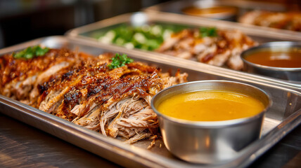 Succulent pulled pork with savory sauces served on a catering tray
